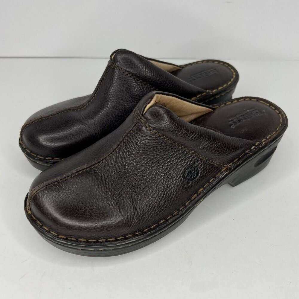 BORN Brown Leather Slip On Clogs Womens Size 7 Shoes Rubber Waterproof Soles
